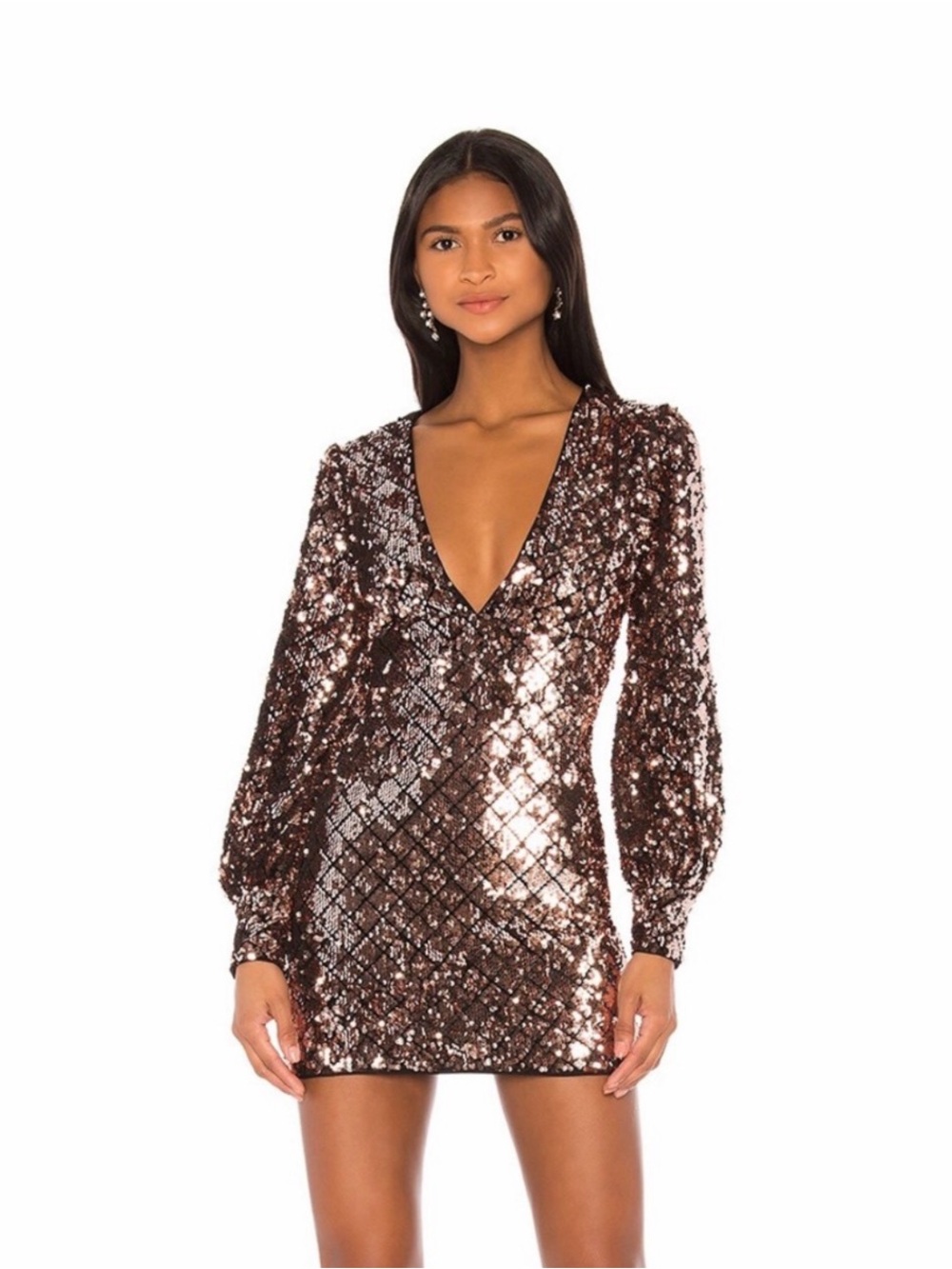 Sequin Deep V Long Sleeve Mini Dress - Bronze